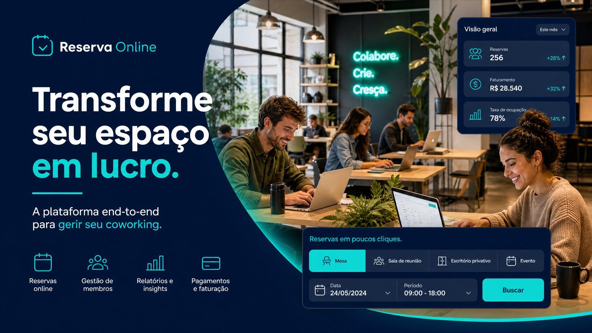 Painel ReservaOnline usado por um coworking pra gerir reservas, membros e faturamento